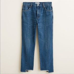 MANGO High Rise Frayed Straight Jeans Blue